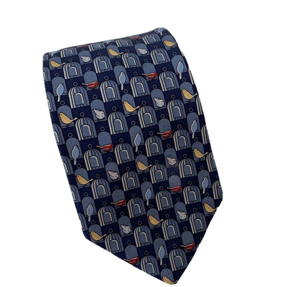 Tommy Hilfiger Men's Black 100% Silk Classic Neck Tie Birdcage Birds Print